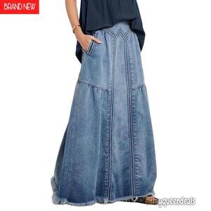 Distressed Denim Maxi Skirt Elastic Waist Frayed Hem Casual Boho Style
